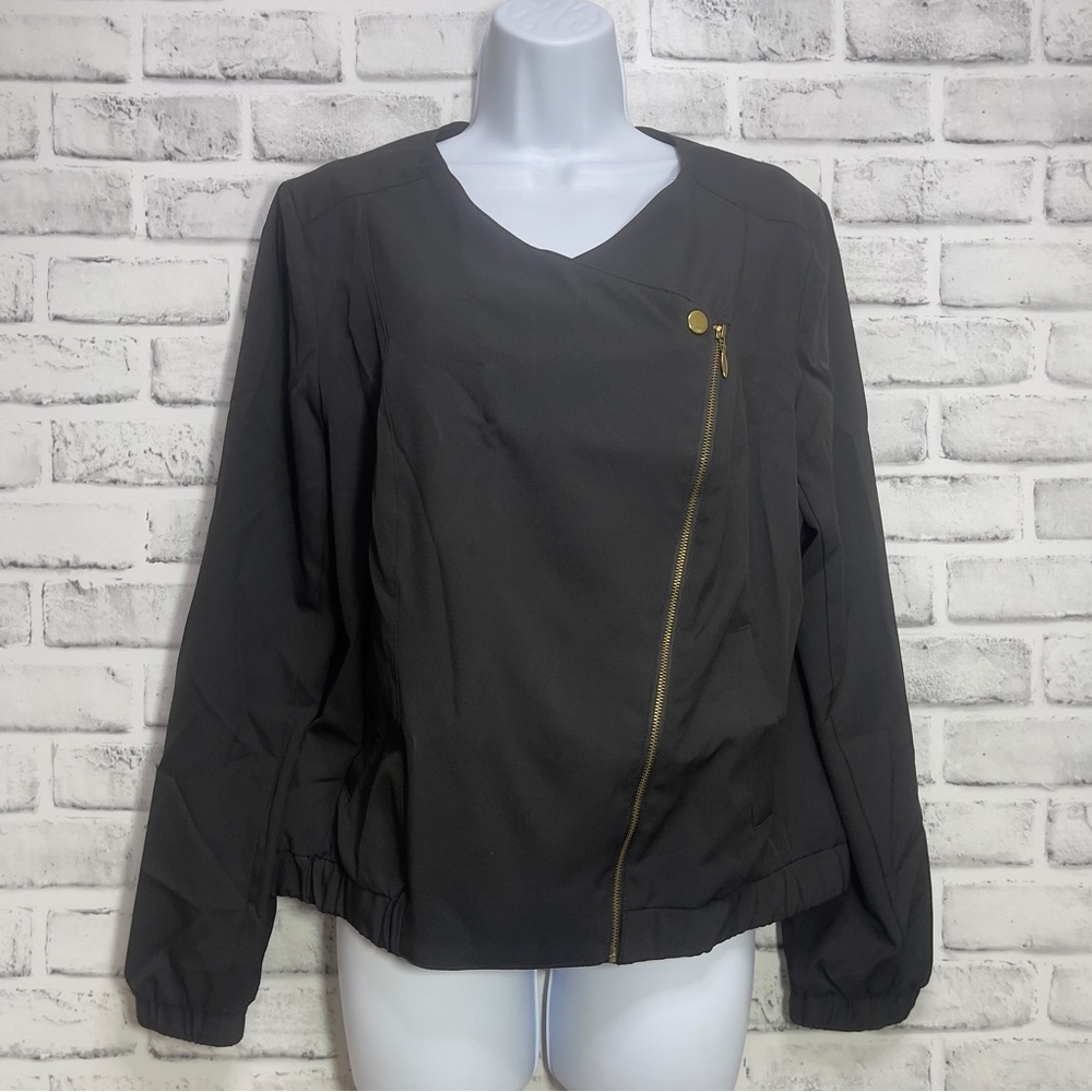 Roz & Ali Asymmetrical Zip Black Moto Lightweight Jacket/Shirt Medium - Picture 2 of 14